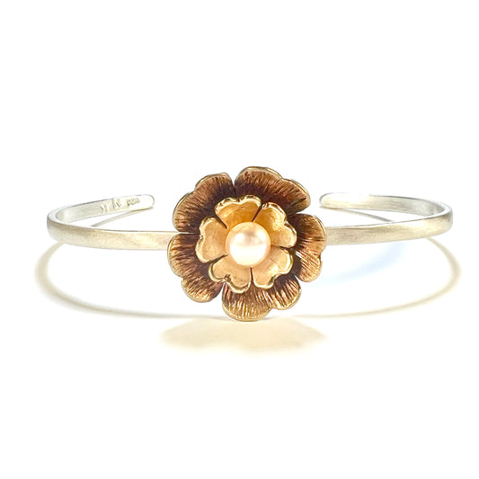 Bronze Flower & Pearl Cuff Bracelet