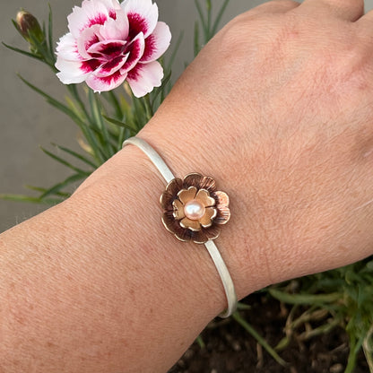 Bronze Flower & Pearl Cuff Bracelet