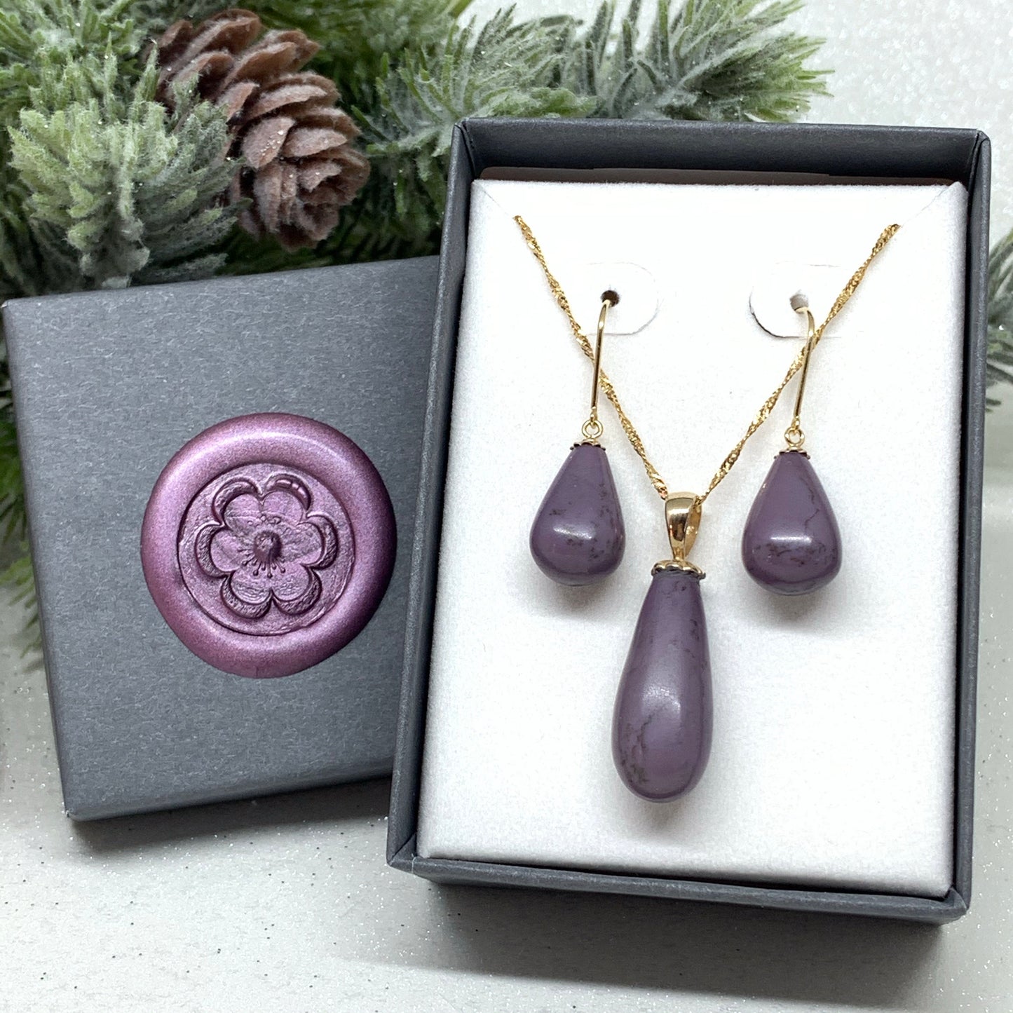 Custom Order: 14KT Gold Lavender Jade Earrings & Pendant Set